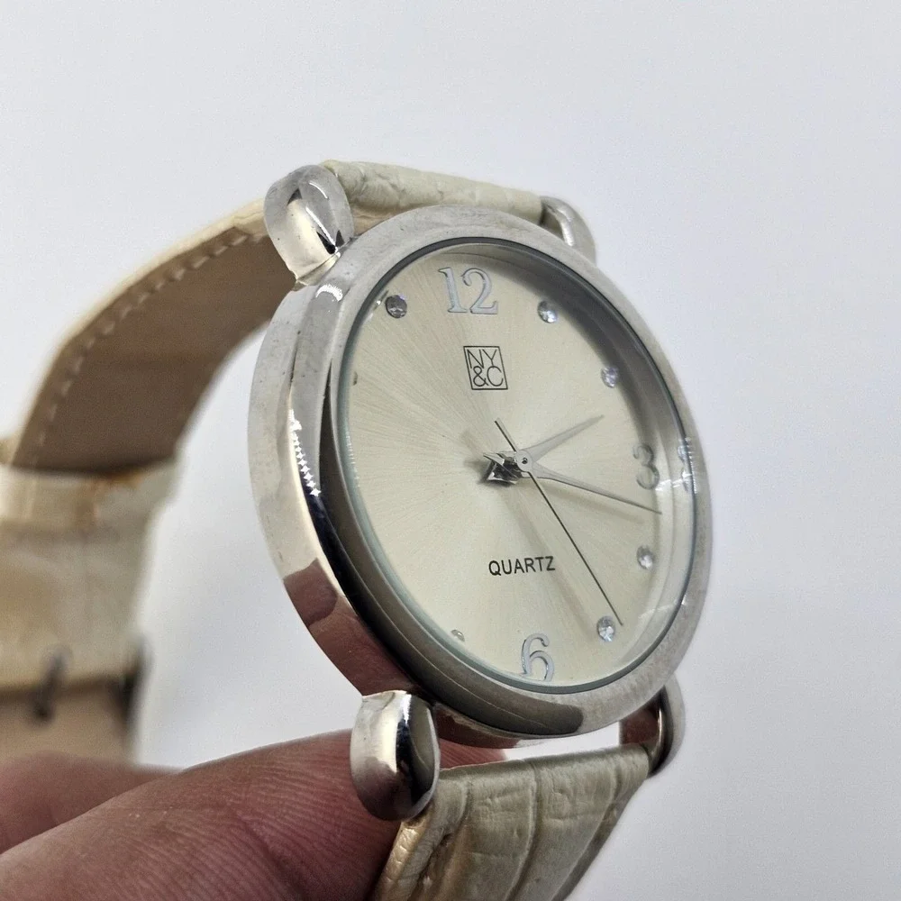 NYC Women's Watch 34MM Gray Dial Cream‎ Faux Leather Band Straps New Battery
